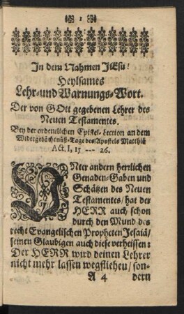 In dem Nahmen Jesu! Heylsames Lehr- und Warnungs-Wort.