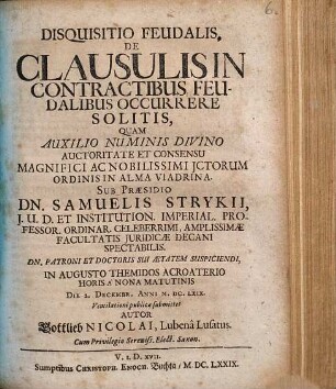Disquisitio Feudalis, De Clausulis In Contractibus Feudalibus Occurrere Solitis