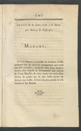 Copie de la Lettre ècrite à la Reine par Bohmer & Bassanges