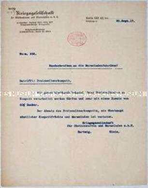 Rundschreiben der Kriegsgesellschaft für Obstkonserven und Marmeladen an die Marmeladenfabriken betreffend die Herstellung von Preiselbeerkompott