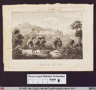 Stadt auf einem Berg (Ariccia in Latium bei Rom), im Vordergrund Bäume und ein Weg sowie Bauern bei der Arbeit.