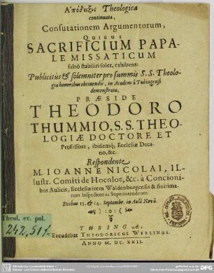 Apodeixis theologica continuata confutationem Argumentorum, quibus sacrificium papale messaticum falso stabilire solet, exhibens