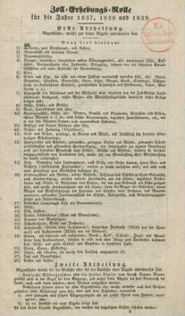 Zoll-Erhebungs-Rolle für die Jahre 1837, 1838 und 1839 : [Berlin, 21sten Oktober 1836]
