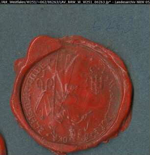 Siegler: Warendorf, Schneider-Zunft Überlieferungsart: Abdruck. Stoff: Lack Farbe: rot Form: rund. Durchmesser: 41 mm