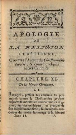 Apologie De La Religion Chrétienne Contre l'Auteur du Christianisme dévoilé & contre quelques autres Critiques, 2