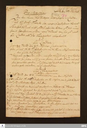 Promemoria von G[eorg] F[riedrich] W[eise] an Friedrich Michael Ziegenhagen.