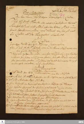 Promemoria von G[eorg] F[riedrich] W[eise] an Friedrich Michael Ziegenhagen.