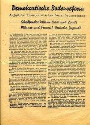 Aufruf des Zentralkomitees der KPD zur Durchführung der demokratischen Bodenreform