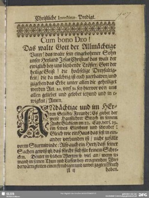 Predigt : Christliche Investitur-Predigt, [Eingang], Textus, Exordium, Propositio, [Tractatio]