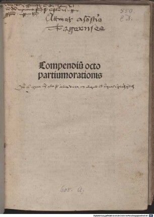 Compendium octo partium orationis : Mit Gedicht ‘Scintilla in flammas... ‘