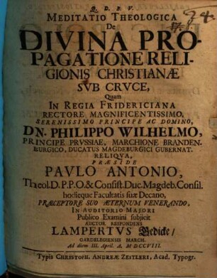 Meditatio Theologica De Divina Propagatione Religionis Christianæ Svb Crvce