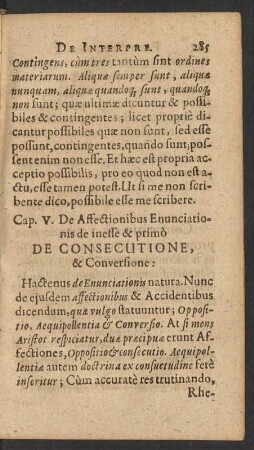 Cap. V. De Affectionibus Enunciationis de inesse & primo De Consecutione, & Conversione.