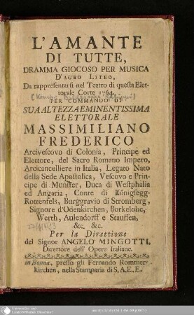 L' Amante Di Tutte : Dramma Giocoso Per Musica D'Ageo Liteo Da rappresentarsi nel Teatro di questa Elettorale Corte 1764