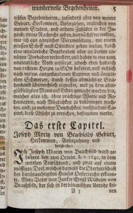 Das erste Capitel. Joseph Moritz von Brachfelds Geburt, Herkommen, Auferziehung und dergleichen
