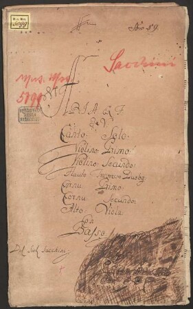 Non sospirar mio bene, S, orch, F-Dur - BSB Mus.ms. 5099 : [title page, b:] ARIA Ex F: // a V: // Canto Solo // Violino: Primo: // Violino: Secundo: // Flauto Traverso Duobq: // Cornu: Primo: // Cornu: Secundo: // Alto: Viola: // Con // Basso: // Del Sig. Sacchini