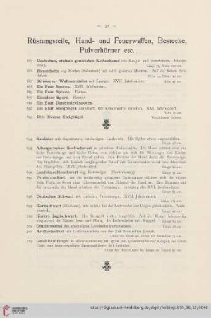 Rüstungsteile, Hand- und Feuerwaffen, Bestecke, Pulverhörner etc. (Nr. 685 - 732)
