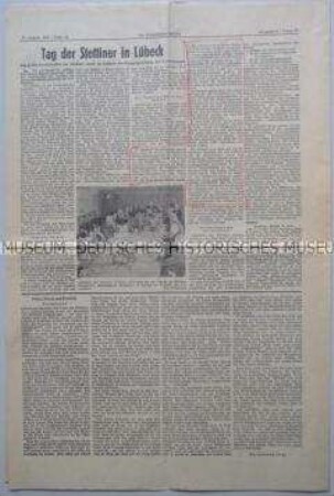 Zeitungsfragment: Die Pommersche Zeitung 6. Jg. vom 18. August 1956 mit dem Artikel "Tag der Stettiner in Lübeck"