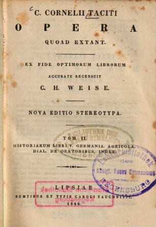 C. Cornelii Taciti Opera : cum indice rerum, 2. Historiarum libri V