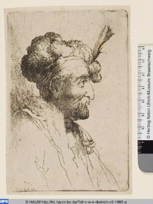 Brustbild eines Mannes mit Pelzmütze und Haarbüschel