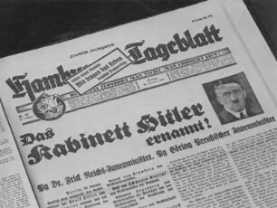 Hamburg. Die Titelseite des "Hamburger Tageblatt" , der Tageszeitung der NSDAP Hamburgs, vom Montag dem 30. Januar 1933, dem Tag der offiziellen Machtübernahme Adolf Hitlers.