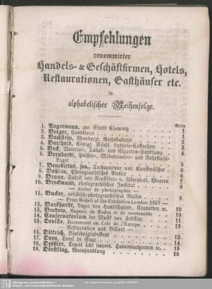 Empfehlungen renommirter Handels- & Geschäftsfirmen, Hotels, Restaurationen, Gasthäuser etc. in alphabetischer Reihenfolge