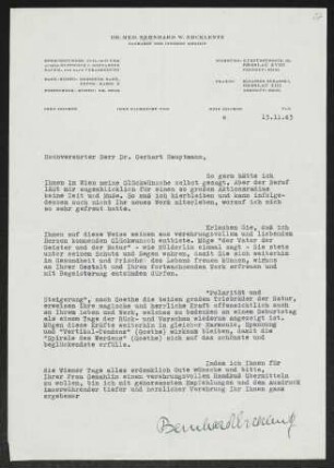 Brief von Bernhard Ercklentz an Margarete Hauptmann