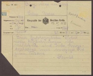 Telegramm von Edgar Haniel von Haimhausen an Prinz Max von Baden; Kriegsschuldfrage und die Ablieferung von Milchkühen