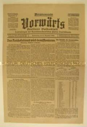 Zentralorgan der SPD "Vorwärts" zum bevorstehenden Rücktritt des Kabinetts Marx