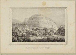 Der Berg Oybin im Zittauer Gebirge mit den Ruinen von Süden über das Dorf Oybin gesehen, aus: "Der Oybin mit zwölf malerischen Ansichten ..." von Sommer und Arldt