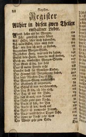 358-360, Register Allhier in diesen zwey Theilen enthaltner Lieder.