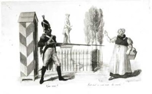 Qui vive? : Schadow, Gottfried: Qui vive?. Lithografie, koloriert; 190 x 290 mm. 1828. Dresden: Kupferstich-Kabinett 1934-879