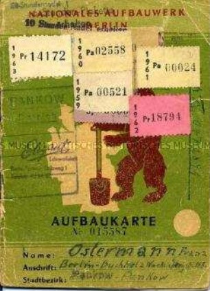 Nachweisheft des Nationalen Aufbauwerkes über geleistete Arbeitsstunden