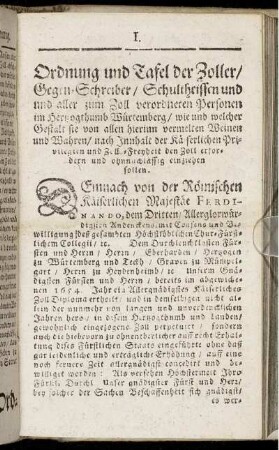 Ordnung und Tafel der Zoller/ Gegen-Schreiber/ Schultheissen und und aller zum Zoll verordneten Personen [...]