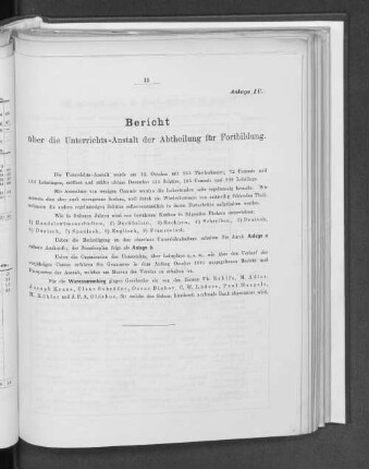 Anlage IV. Bericht über die Unterrichts-Anstalt der Abtheilung für Fortbildung.