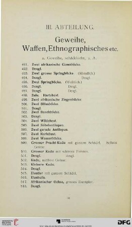 III. Abteilung. Geweihe, Waffen, Ethnographisches etc. (Nr. 491-738)