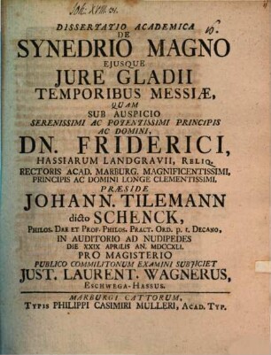Diss. ... de synedrio magno eiusque iure gladii temporibus Messiae