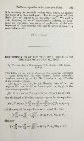 Determination of the trilinear equation to the axes of a conic section.