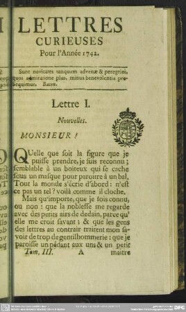 Lettre I. Nouvelles