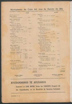 Movimiento de Caja del mes de Agosto de 1941