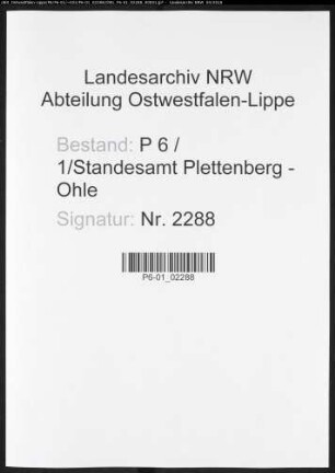 Sterberegister Standesamt Plettenberg-Ohle