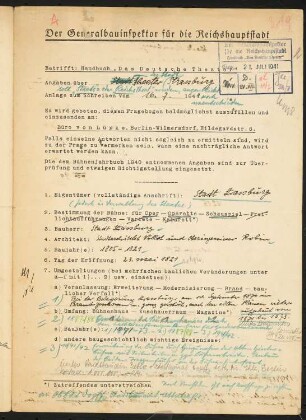 Stadttheater, Strasbourg: Fragebogen für das Handbuch »Das Deutsche Theater«, vierseitiges Dokument