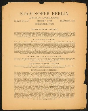 Satzspiegelvariante für das Handbuch "Das Deutsche Theater" Staatsoper, Berlin: Daten zu Baugeschichte und Bühnentechnik