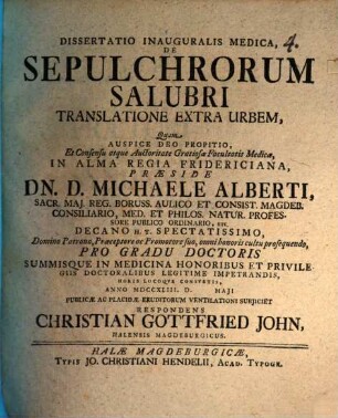 Dissertatio inauguralis medica de sepulchrorum salubri translatione extra urbem
