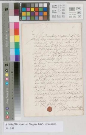 Kaufbrief an die Fürstin Ernestine Charlotte zu Nassau-Siegen über einen Wiesenplatz zwischen der Sieg und dem Mühlgraben.