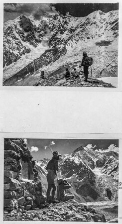 In den Anden : Zwei Abbildungen von Expeditionsteilnehmern auf einem Gipfel in den Anden