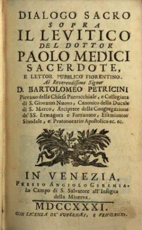 Dialoghi Sacri Sopra La Divina Scrittura, 4. Il Levitico