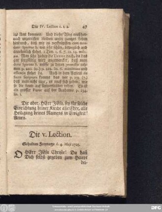 Die V. Lection. Gehalten Freytags d. 4. Maji 1725.