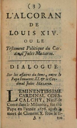 L' Alcoran de Louis XIV. ou le testement politique du Cardinal Jules Mazarin : trad. de l'Italien