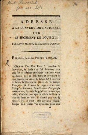 Adresse à la convention nationale sur le jugement de Louis XVI.