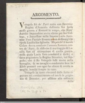 Argomento. / Sujet.